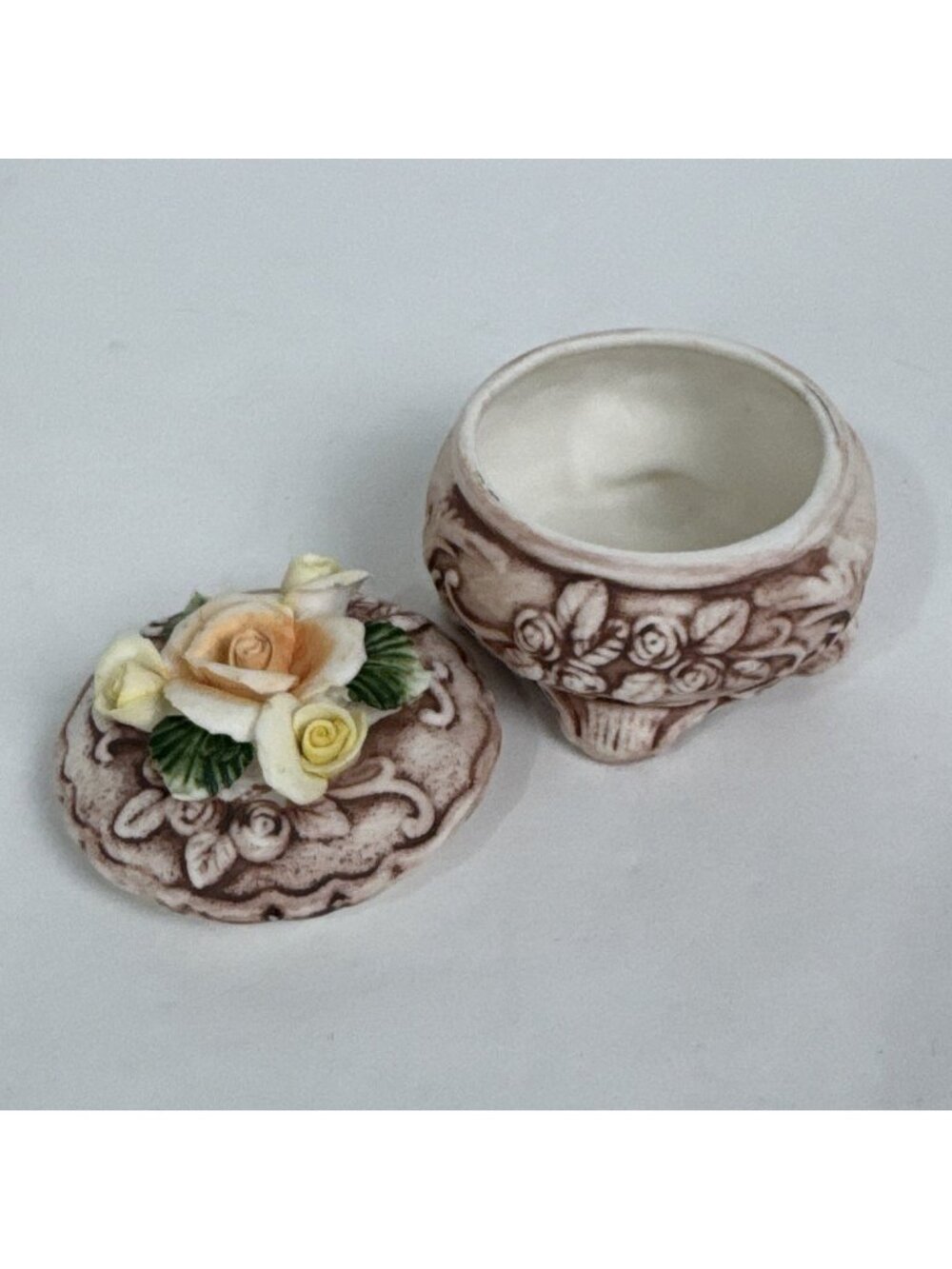 Bisque Roses Floral Trinket Box vintage shabby chic romantic cottage jewelry